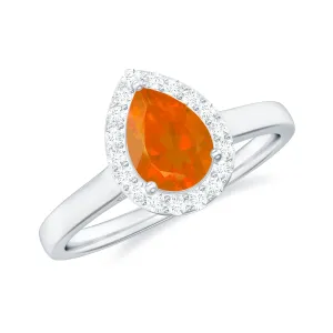 1 CT Teardrop Fire Opal Ring with Diamond Accent