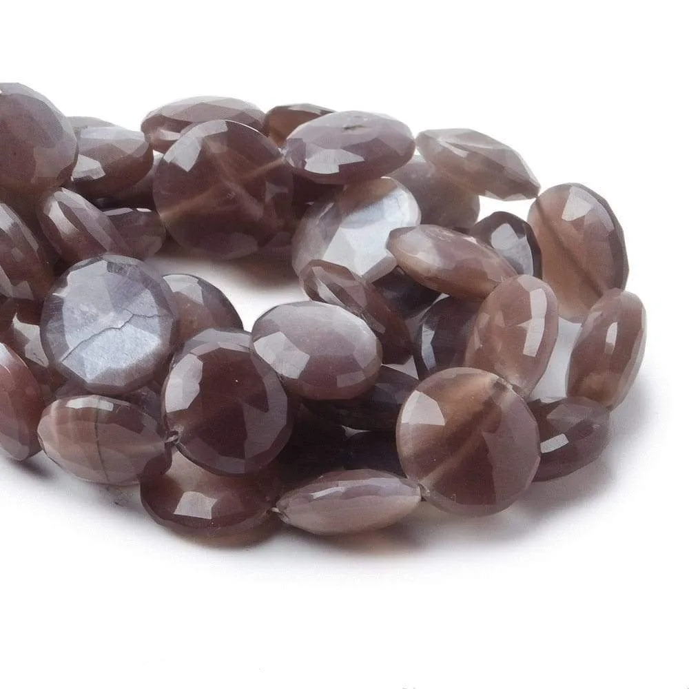 10-13mm Chocolate Moonstone faceted coin beads 8 inch 16 pieces