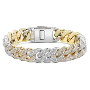 10K Gold Two Tone 19.5ct Prong set Diamond 10mm Cuban Bracelet