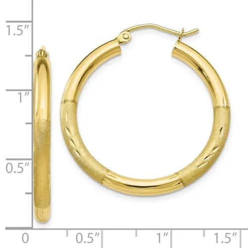 10k Yellow Gold Satin Diamond Cut Round Hoop Earring