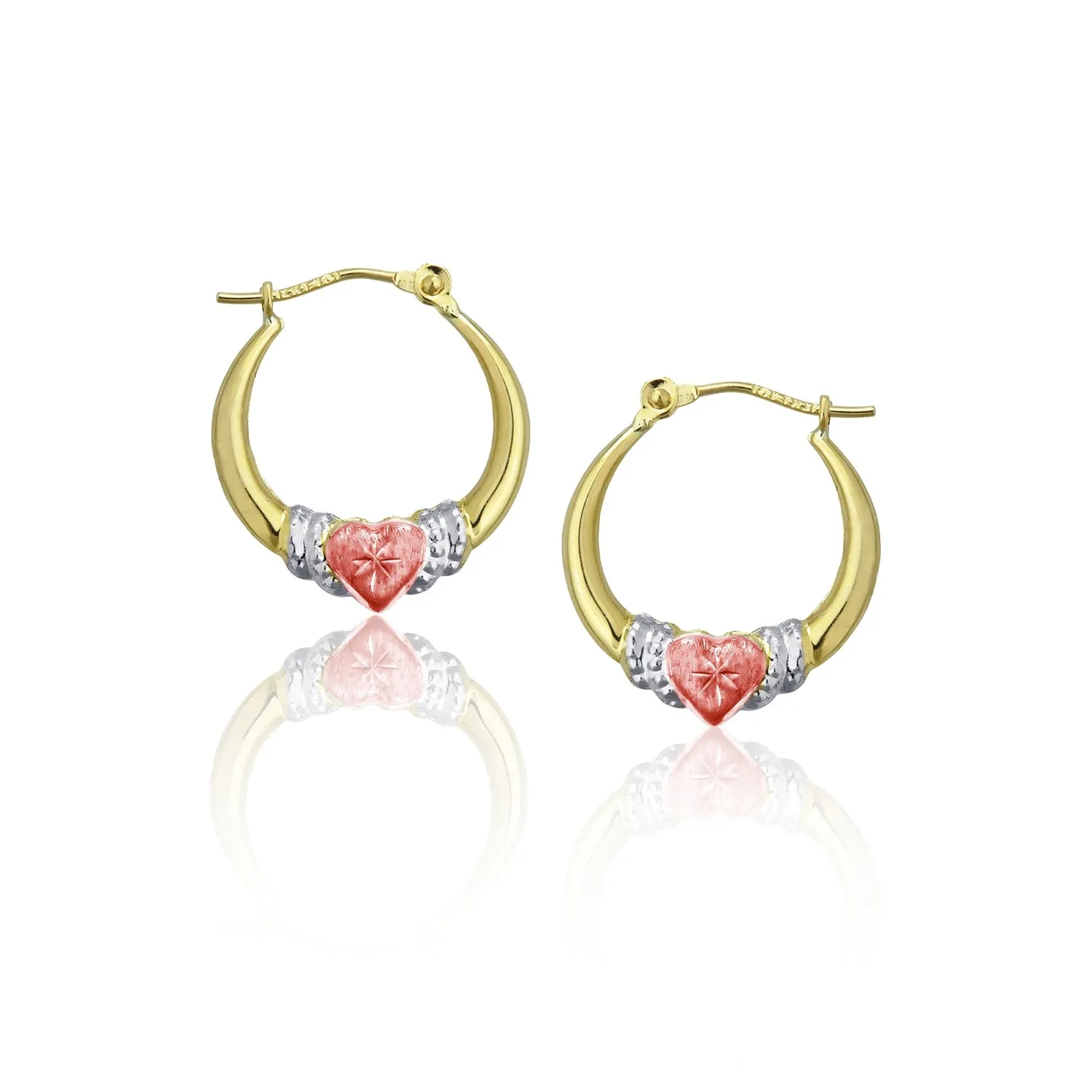 10KT Gold Tri-Color 18MM Hoop Heart Earrings