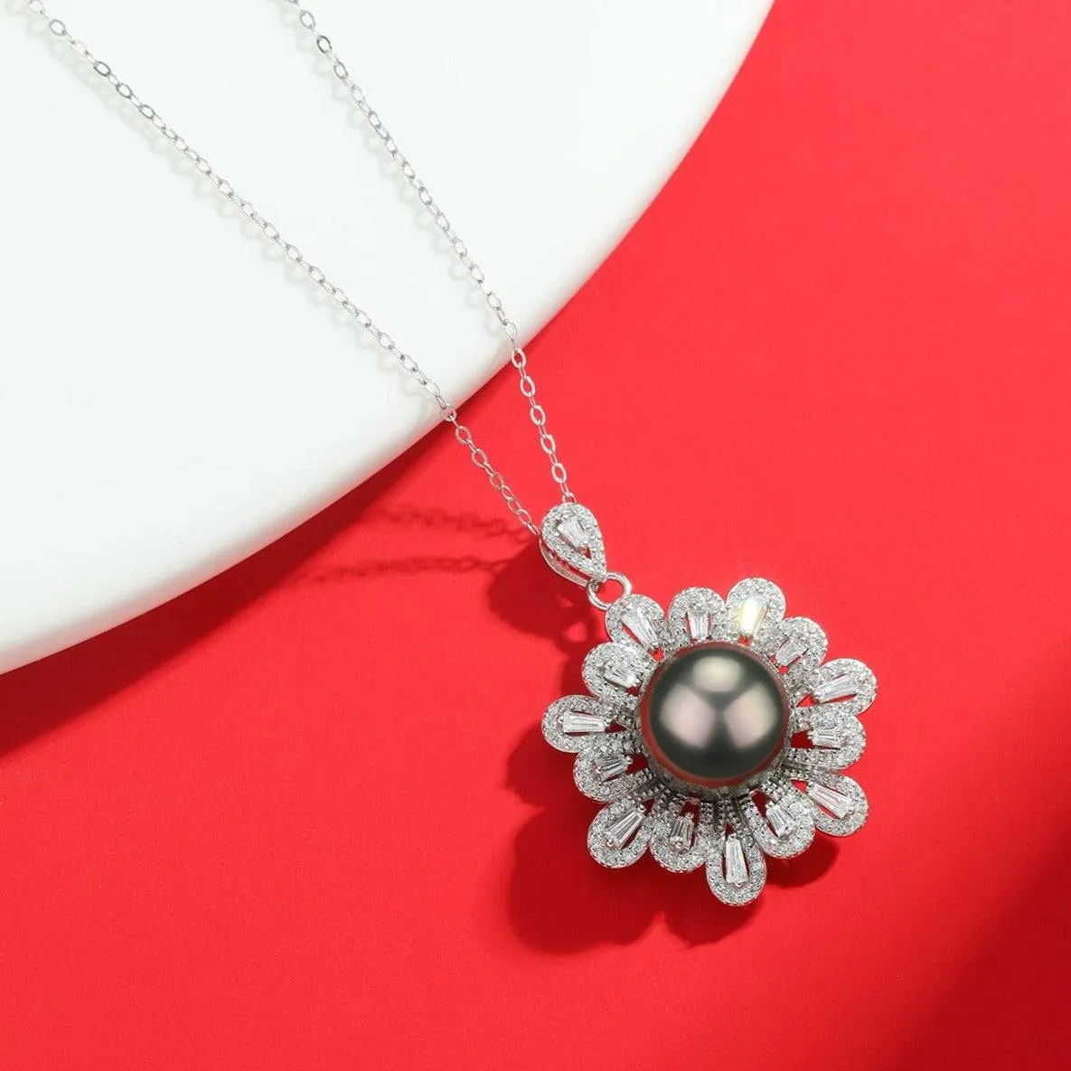 11-12mm Tahitian Pearl Floral Pendant Necklace