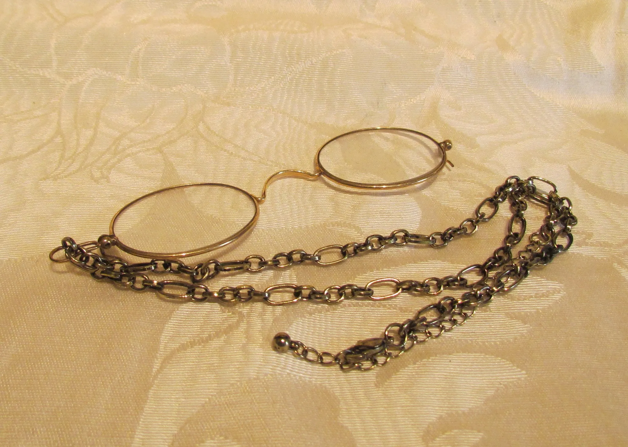 12Kt GF Pince Nez Eyeglasses Victorian Spectacles With Necklace And Case