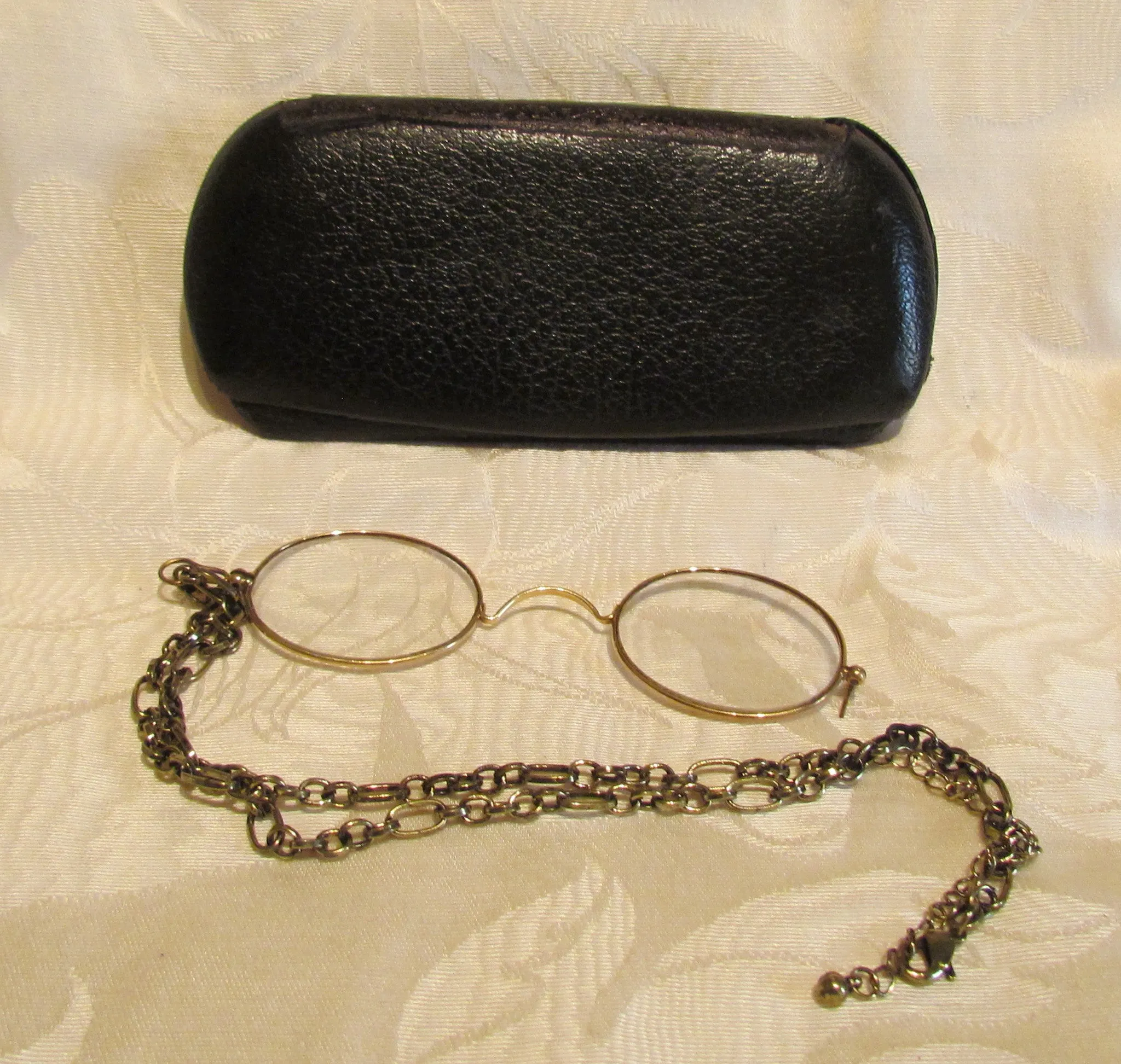 12Kt GF Pince Nez Eyeglasses Victorian Spectacles With Necklace And Case