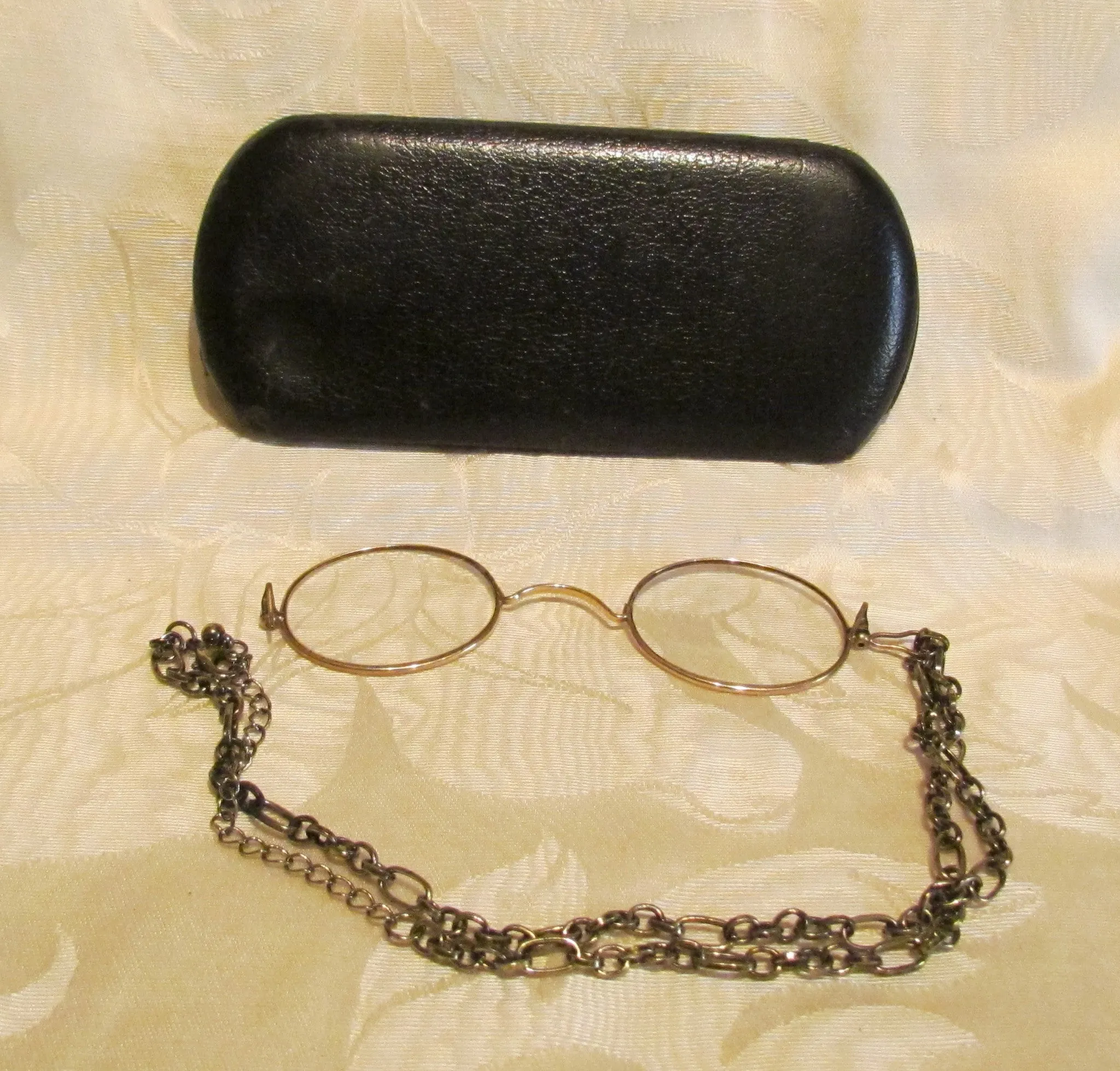 12Kt GF Pince Nez Eyeglasses Victorian Spectacles With Necklace And Case