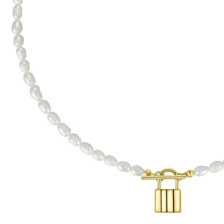 14K Gold-Filled Padlock T-bar Pearl Necklace