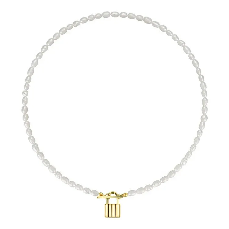 14K Gold-Filled Padlock T-bar Pearl Necklace