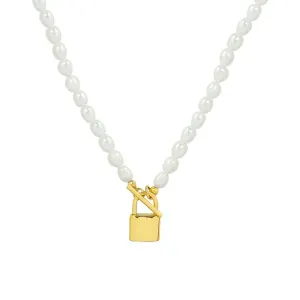 14K Gold-Filled Padlock T-bar Pearl Necklace