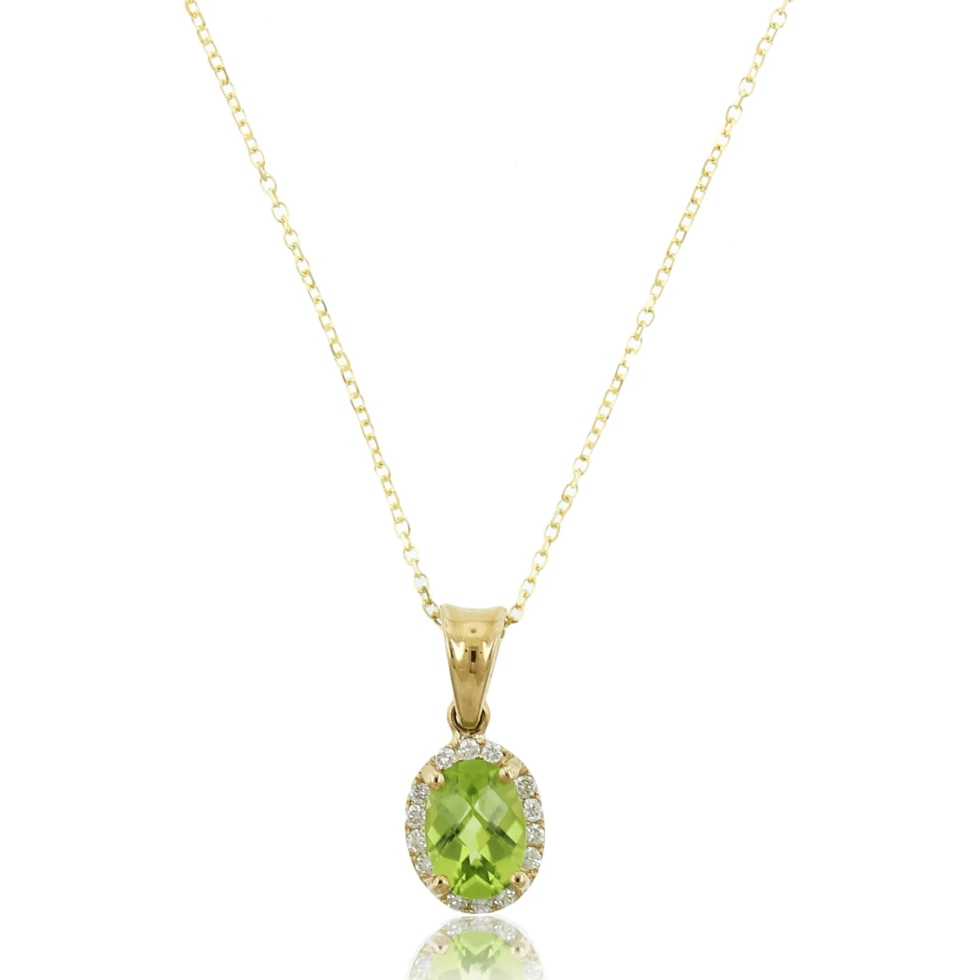 14K Yellow Gold Oval Peridot Diamond Halo Necklace