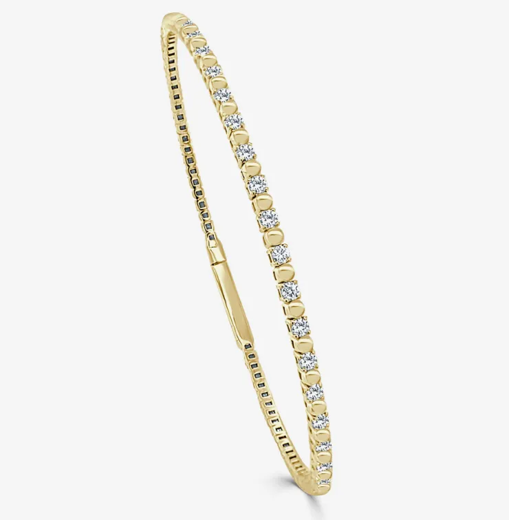 14k Yellow or White Gold Diamond Beaded Flexible Bangle Bracelet