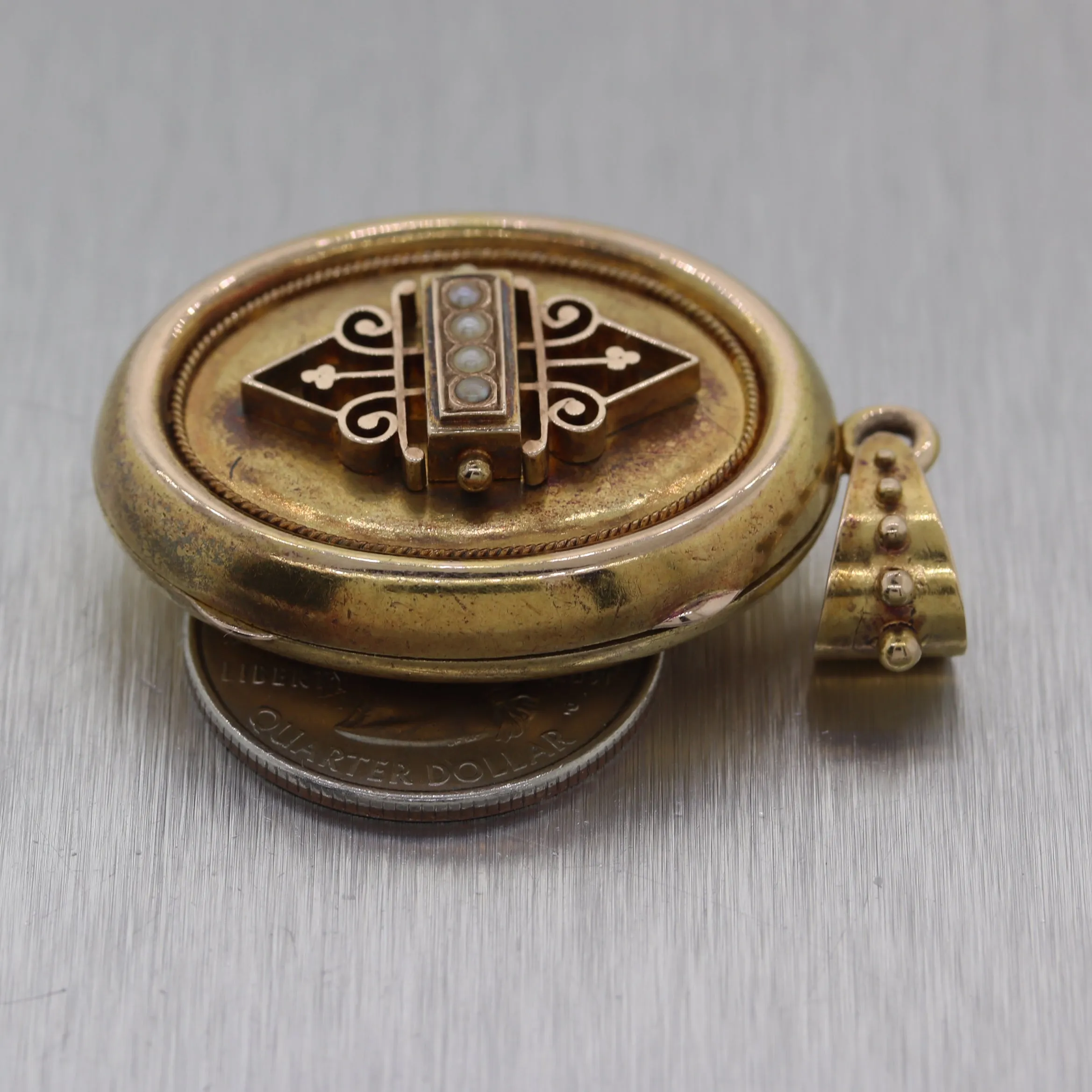 1860's Antique Victorian 14k Yellow Gold Seed Pearl Locket