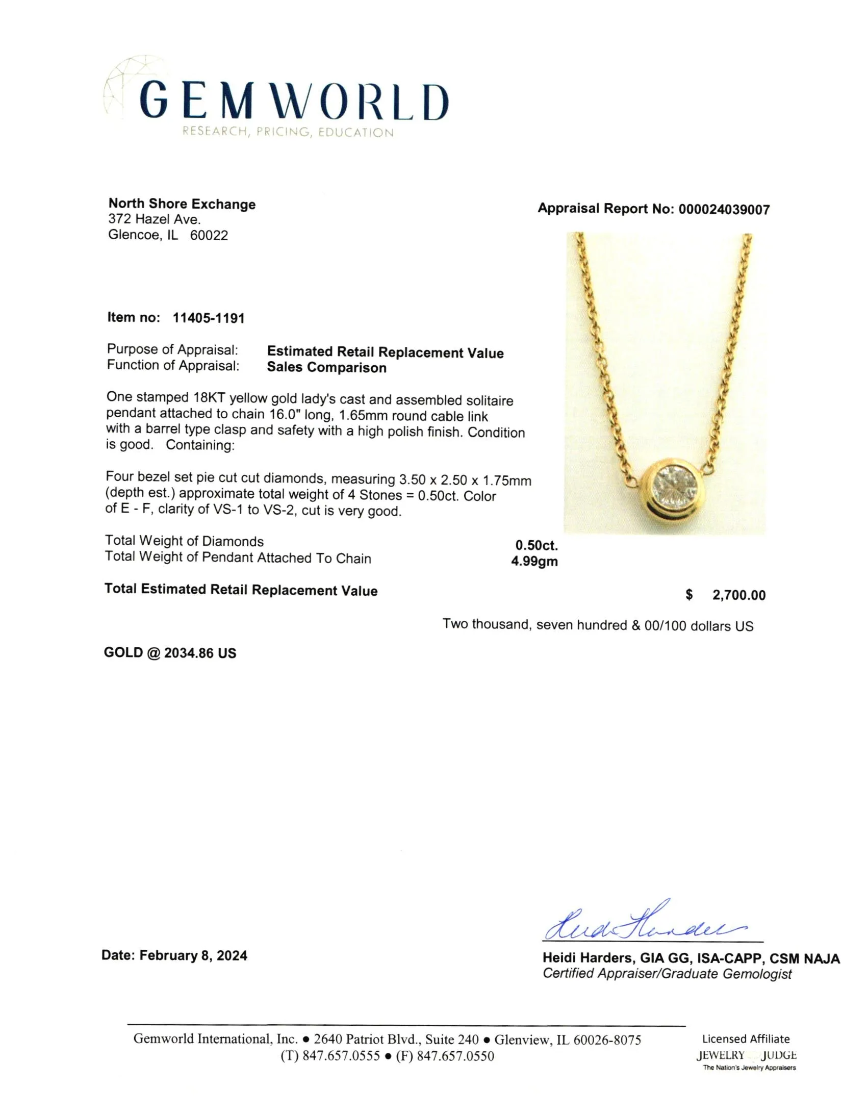 18K Gold Necklace with Invisibly Bezel Set 4 Triangular Shaped Diamonds