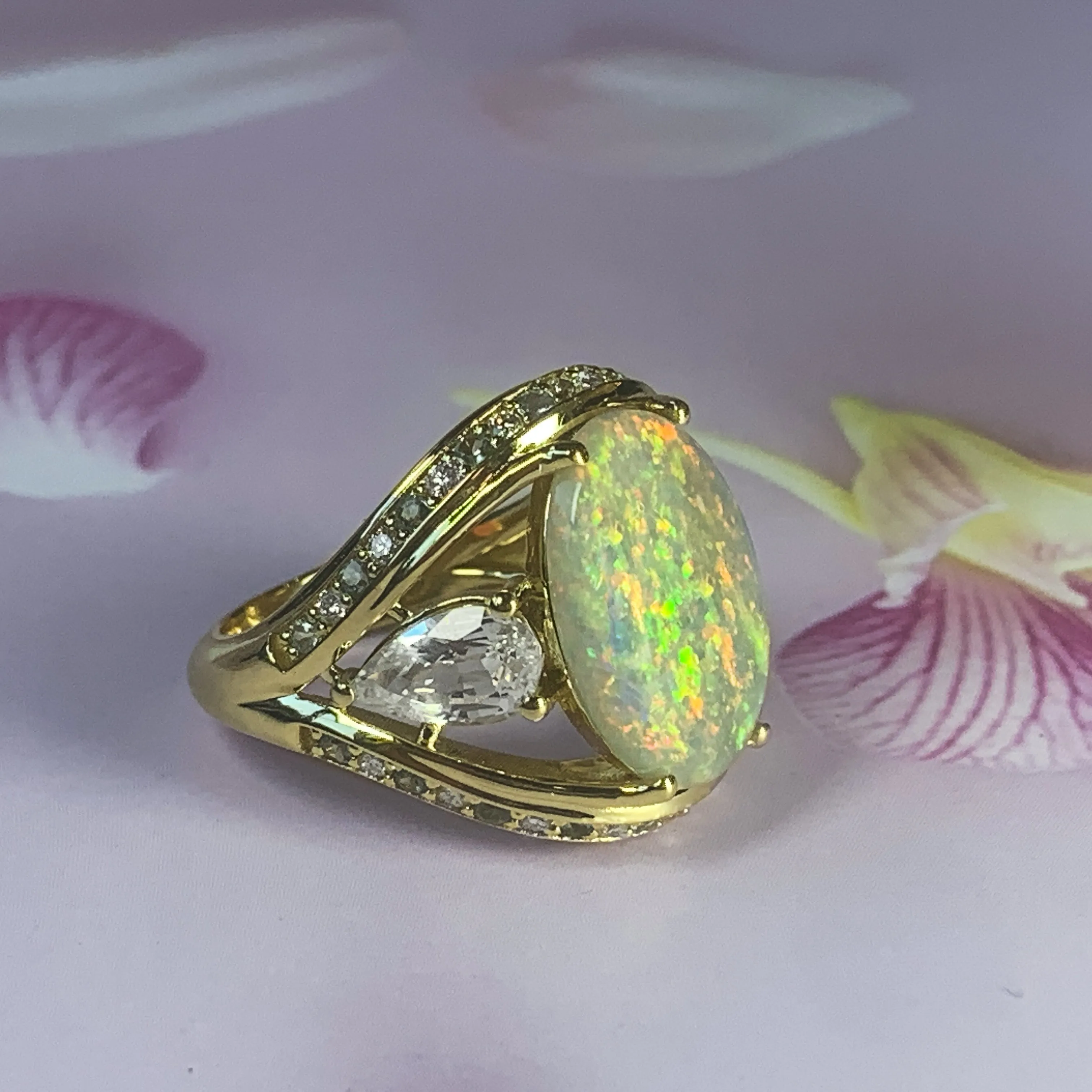 18kt Yellow Gold Black Opal, Sapphire, Aquamarine and Diamond ring