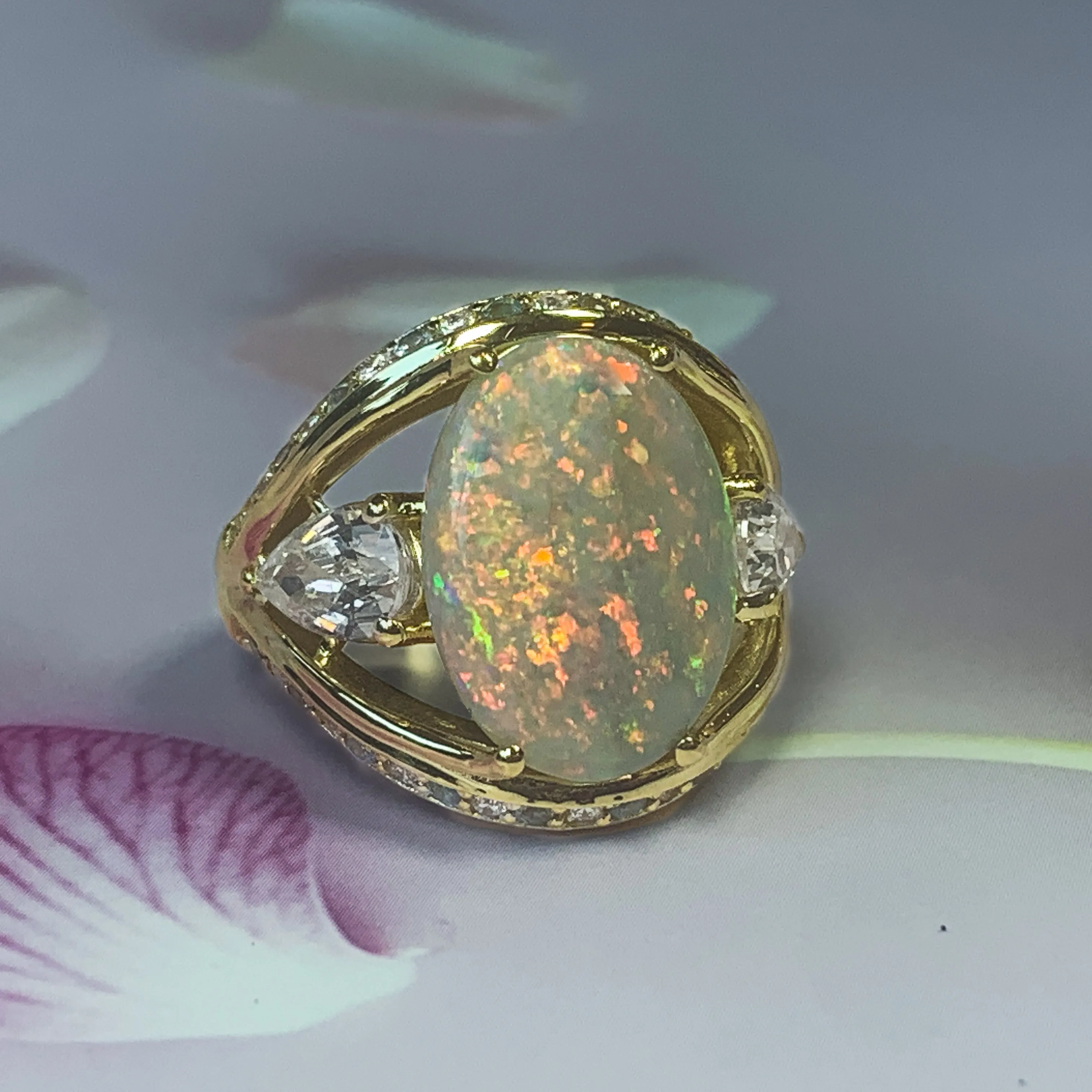 18kt Yellow Gold Black Opal, Sapphire, Aquamarine and Diamond ring