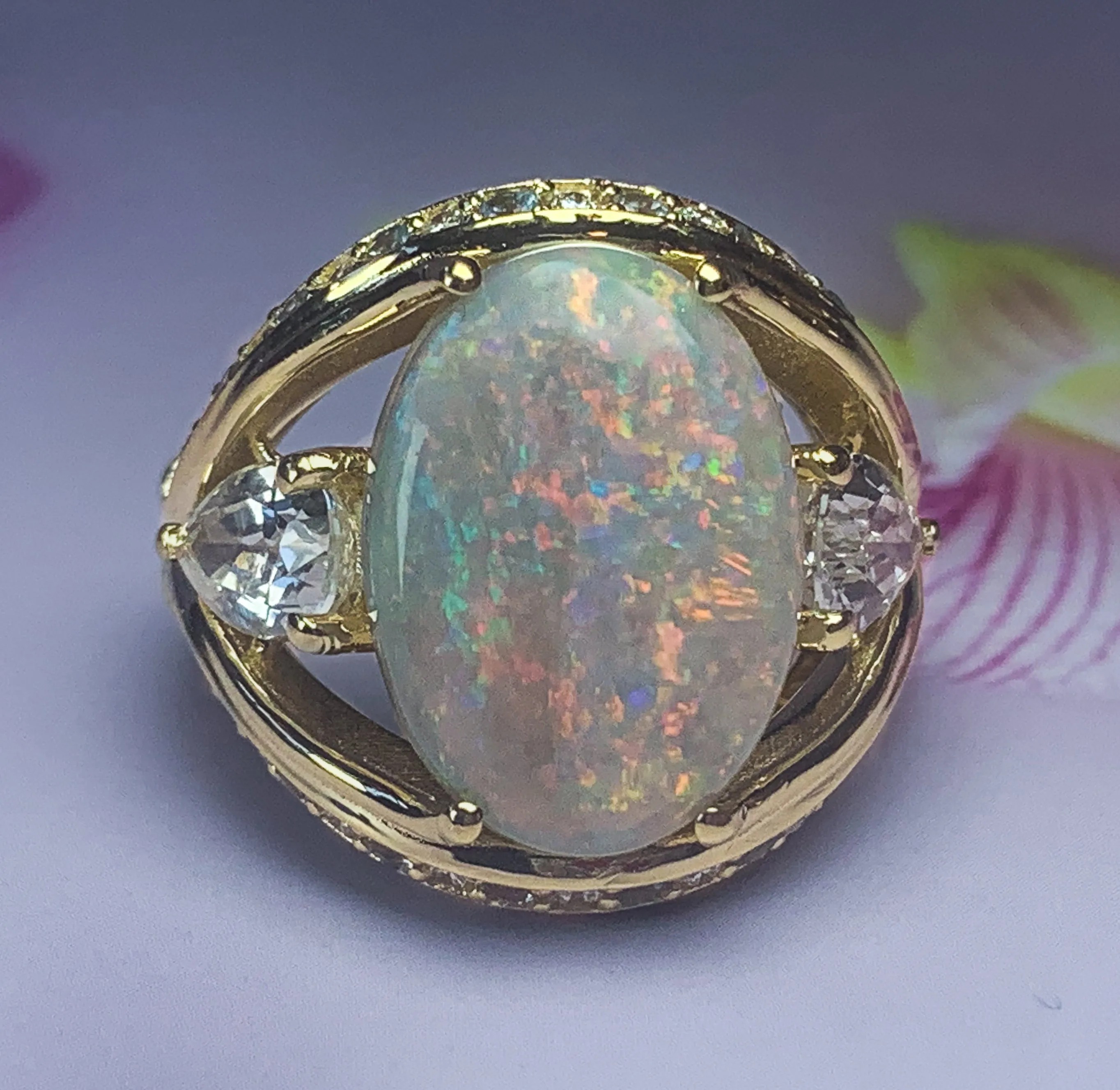 18kt Yellow Gold Black Opal, Sapphire, Aquamarine and Diamond ring