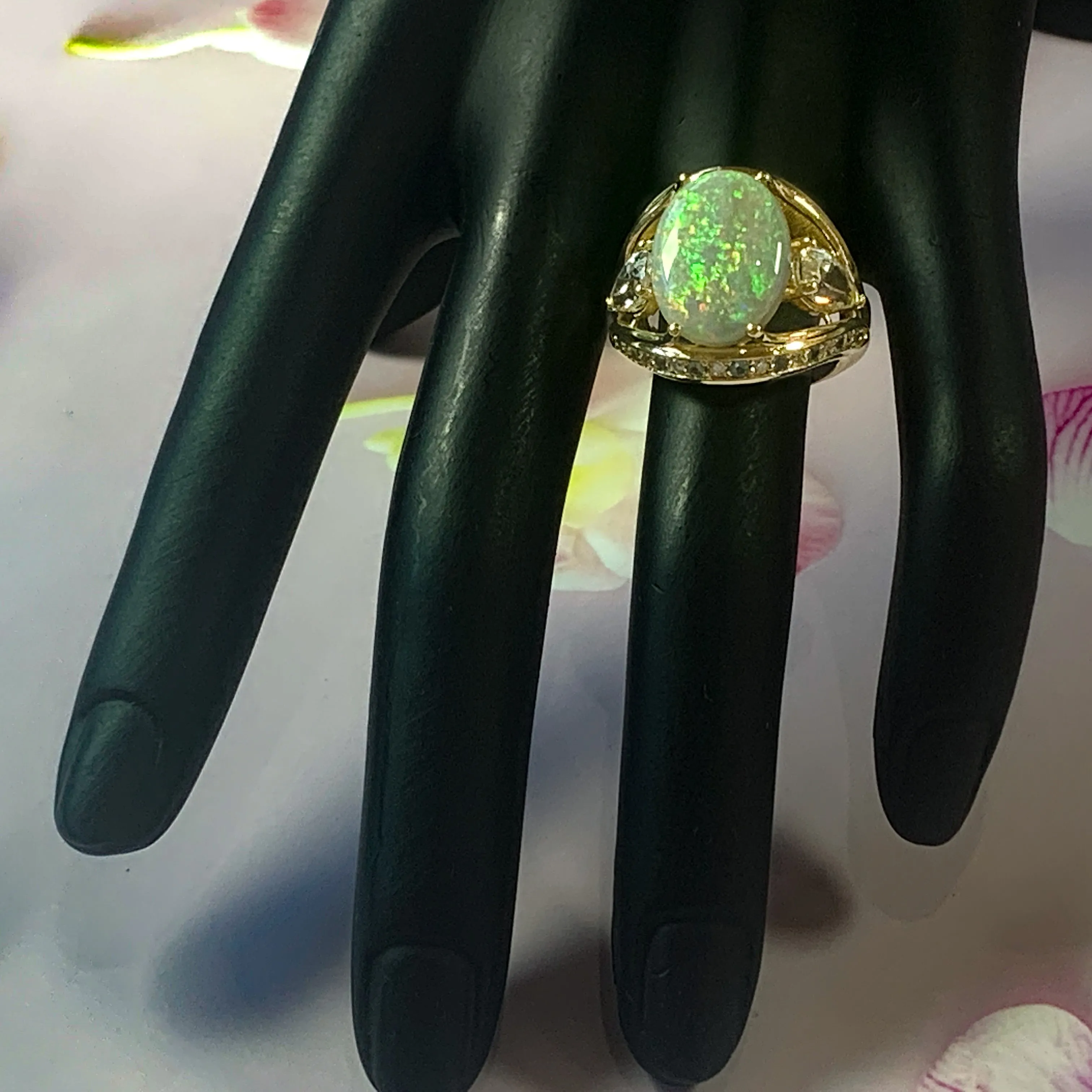 18kt Yellow Gold Black Opal, Sapphire, Aquamarine and Diamond ring