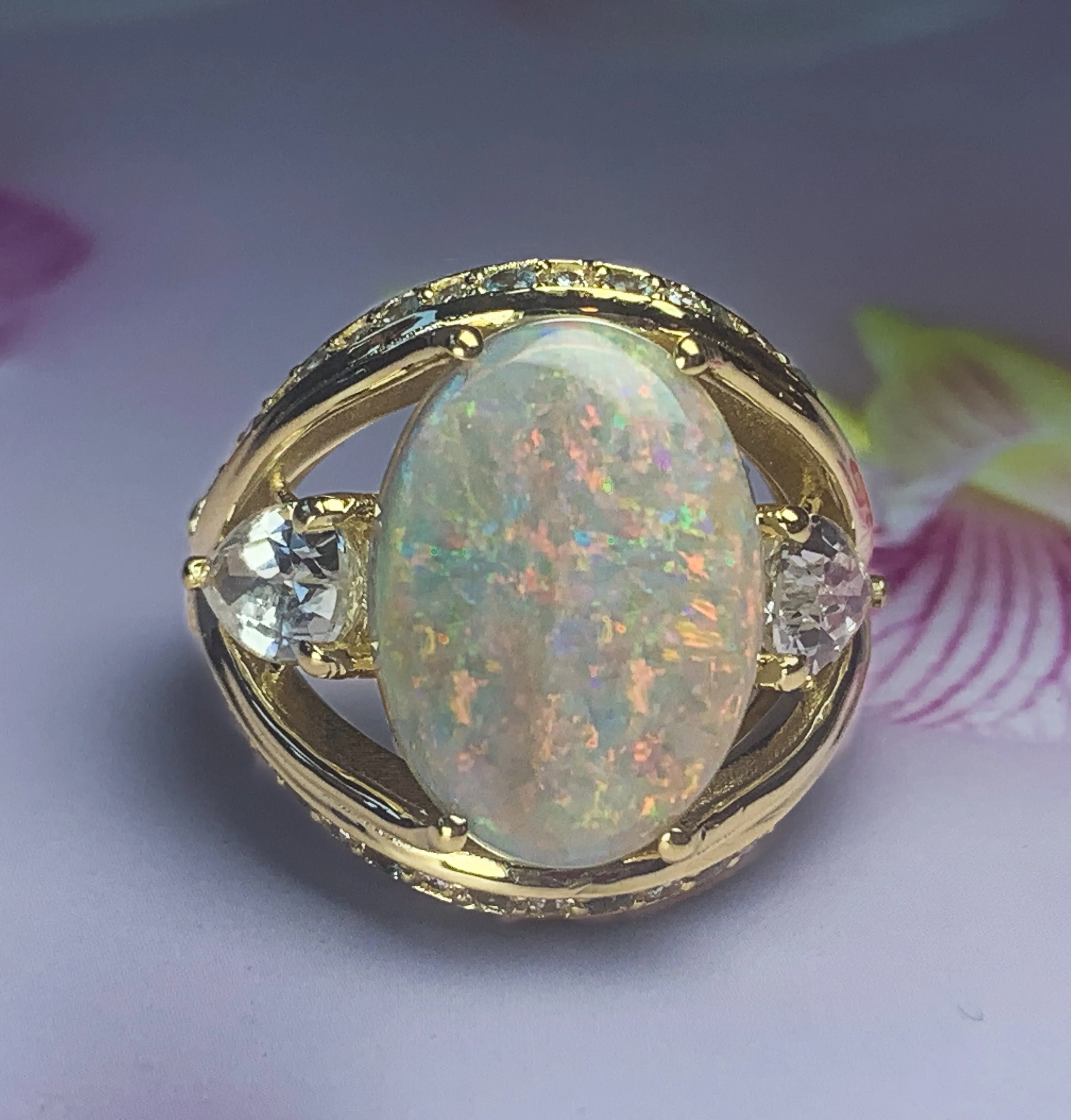 18kt Yellow Gold Black Opal, Sapphire, Aquamarine and Diamond ring