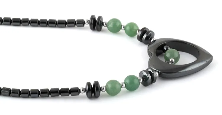 18" Open Heart Green Aventurine Stone Hematite Necklace