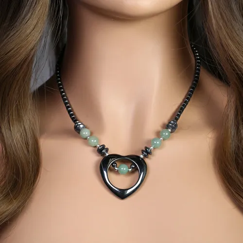 18" Open Heart Green Aventurine Stone Hematite Necklace