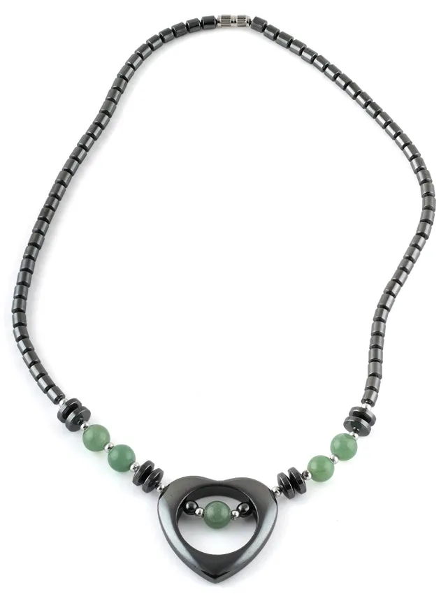 18" Open Heart Green Aventurine Stone Hematite Necklace