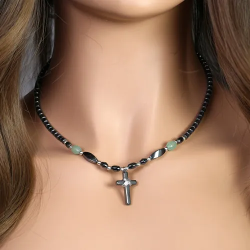 18" Small Cross w/ Green Beads Hematite Necklace