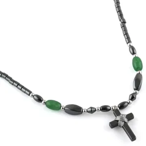 18" Small Cross w/ Green Beads Hematite Necklace