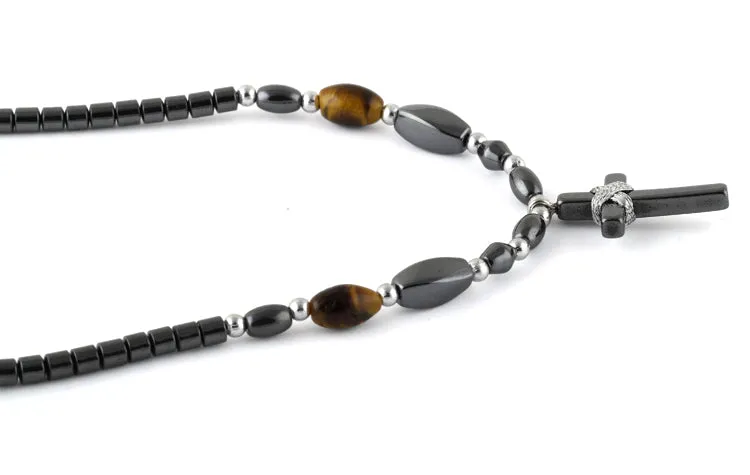 18" Small Cross w/ Tiger Eye Beads Hematite Necklace