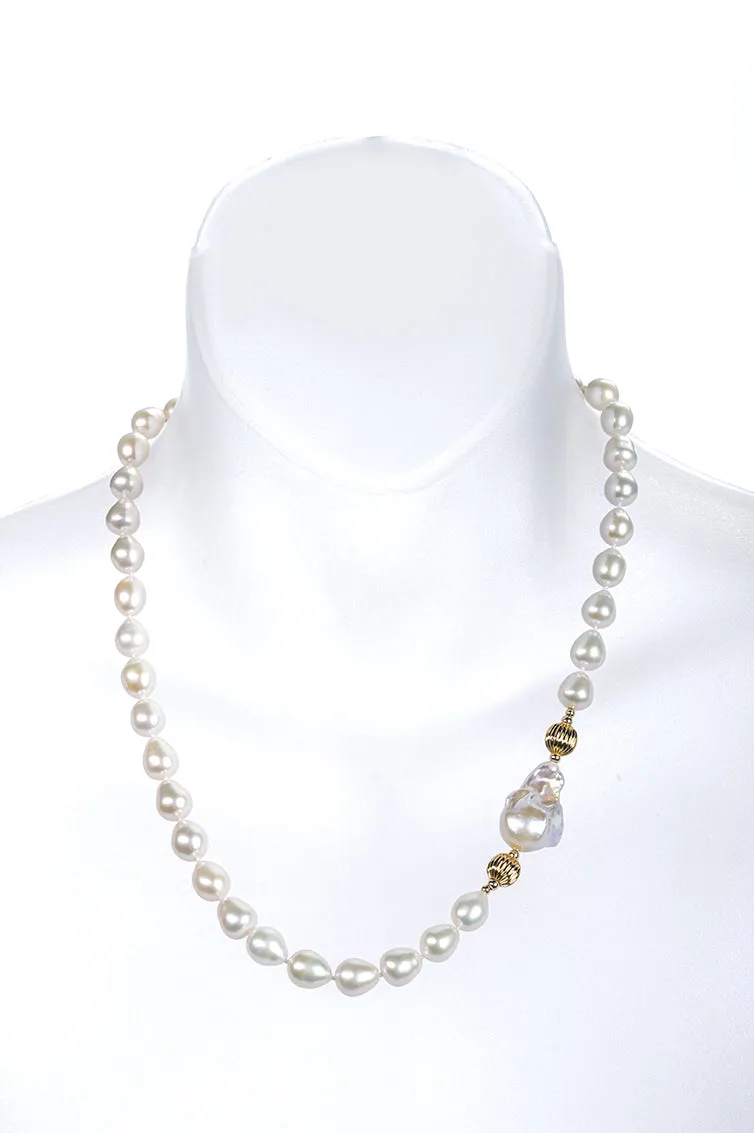 19" Single Strand Baroque Pearl Necklace with Gold Beads and Large Biwa Pearl Accent