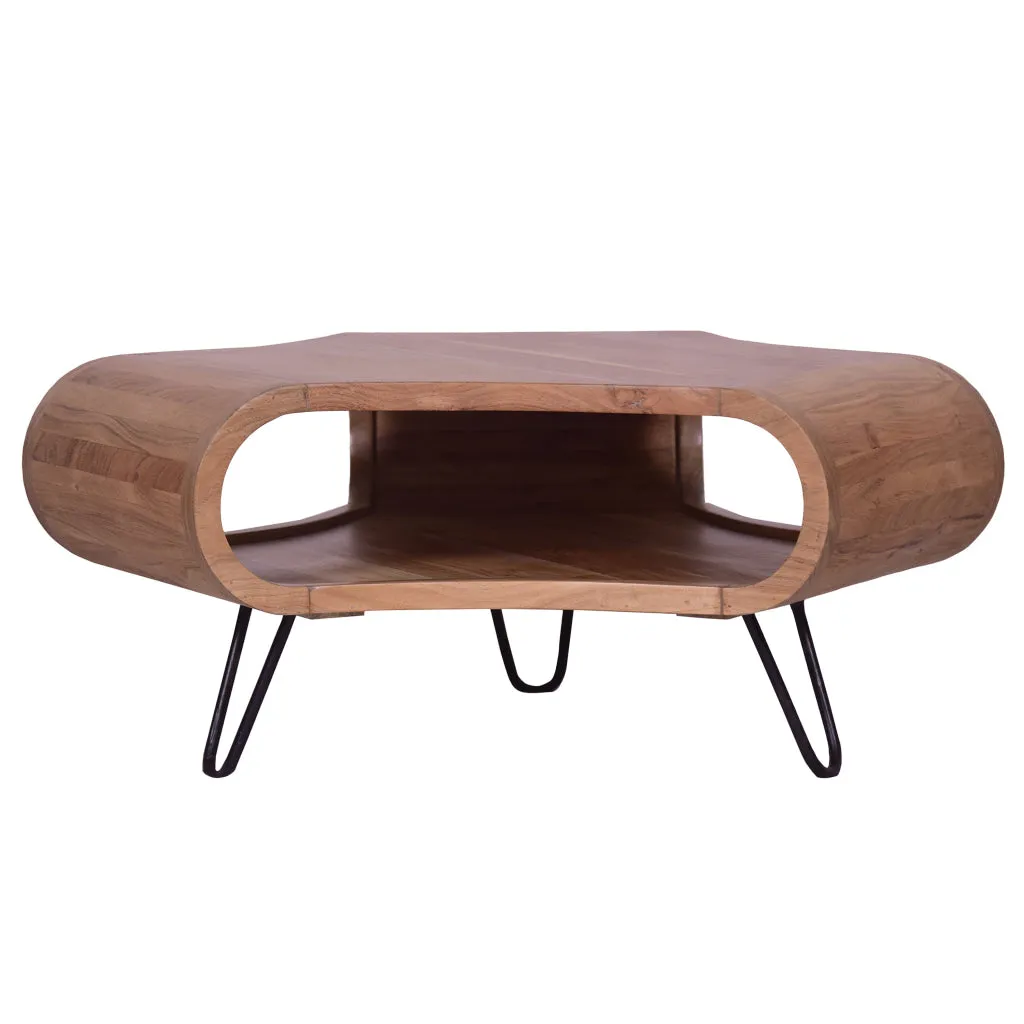 37 Inch Coffee Table, Handcrafted Curved Hexagon Shape with Open Shelf, Natural Brown Acacia Wood, Iron Legs By The Urban Port