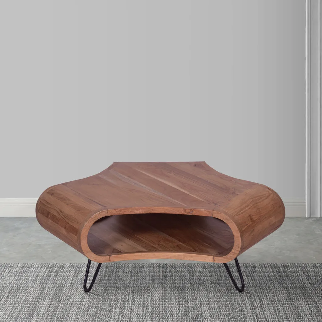 37 Inch Coffee Table, Handcrafted Curved Hexagon Shape with Open Shelf, Natural Brown Acacia Wood, Iron Legs By The Urban Port