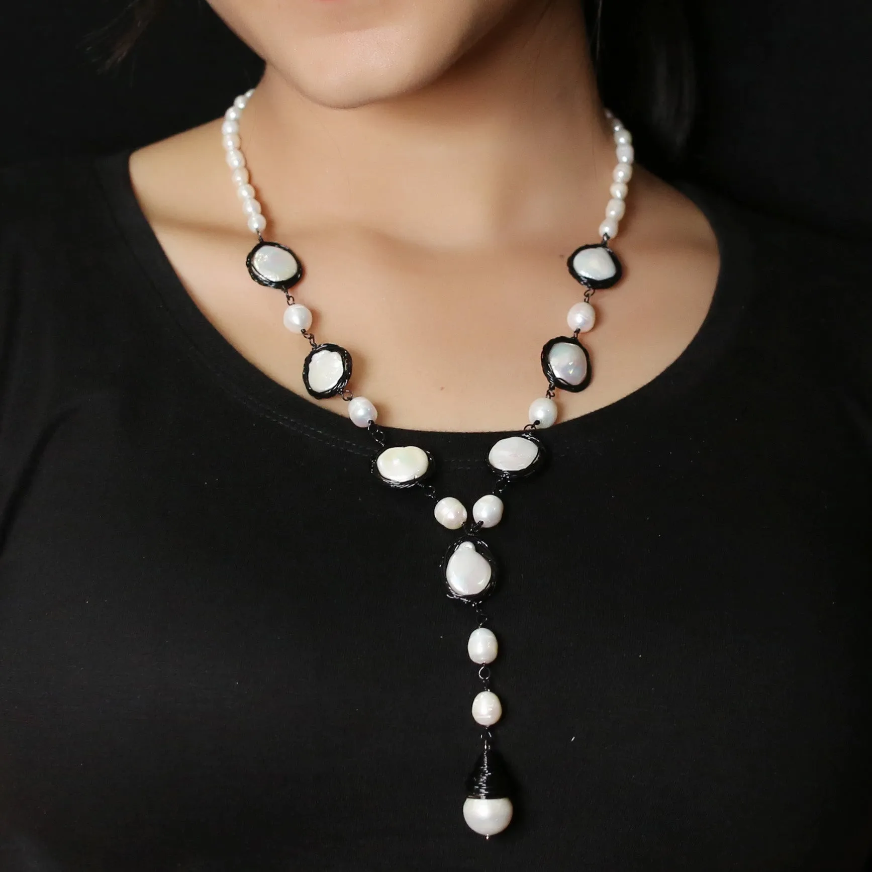 Alyssa Long Black Wired Fresh Water Pearl Necklace