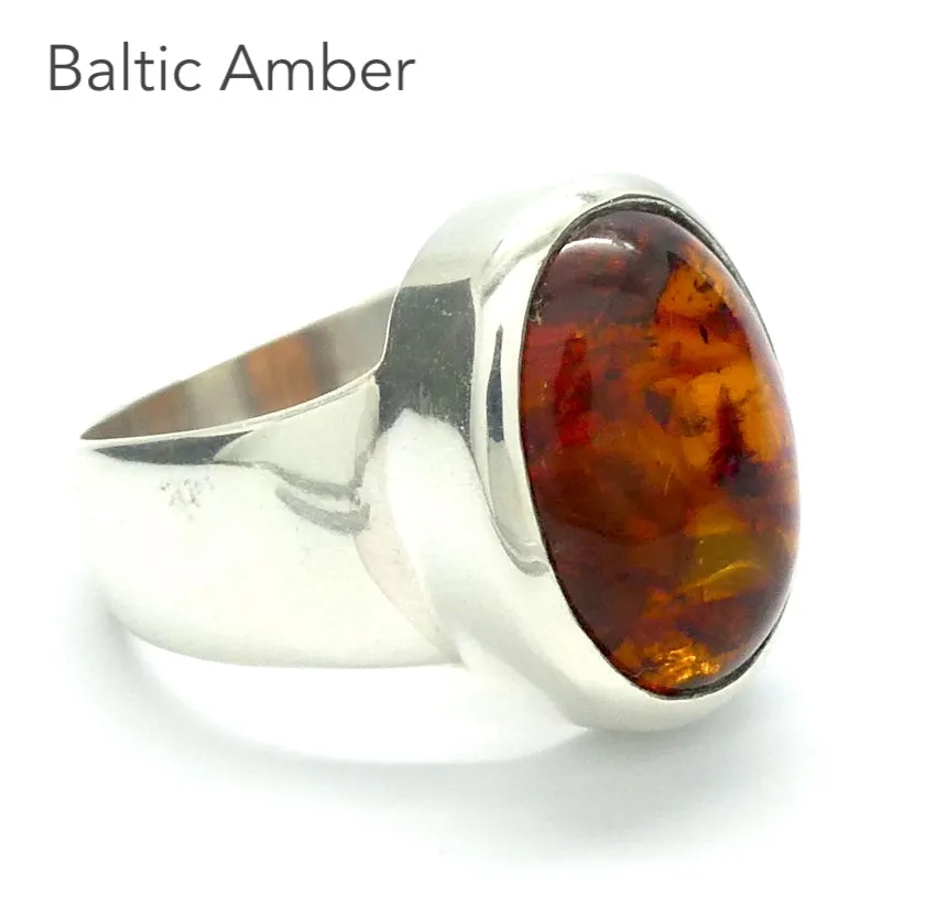 Amber Ring, Baltic, Oval Cabochon, Medium Size, 925 Sterling Silver (D1)