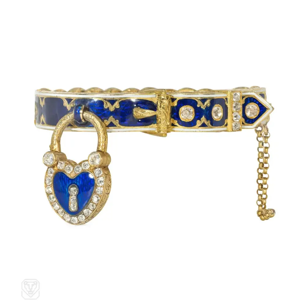 Antique French gold, diamond, and enamel padlock bracelet