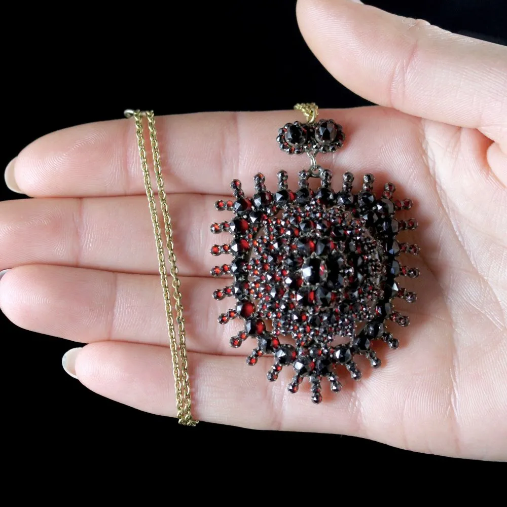 Antique Victorian Garnet Pendant Locket And Gold Chain Circa 1890