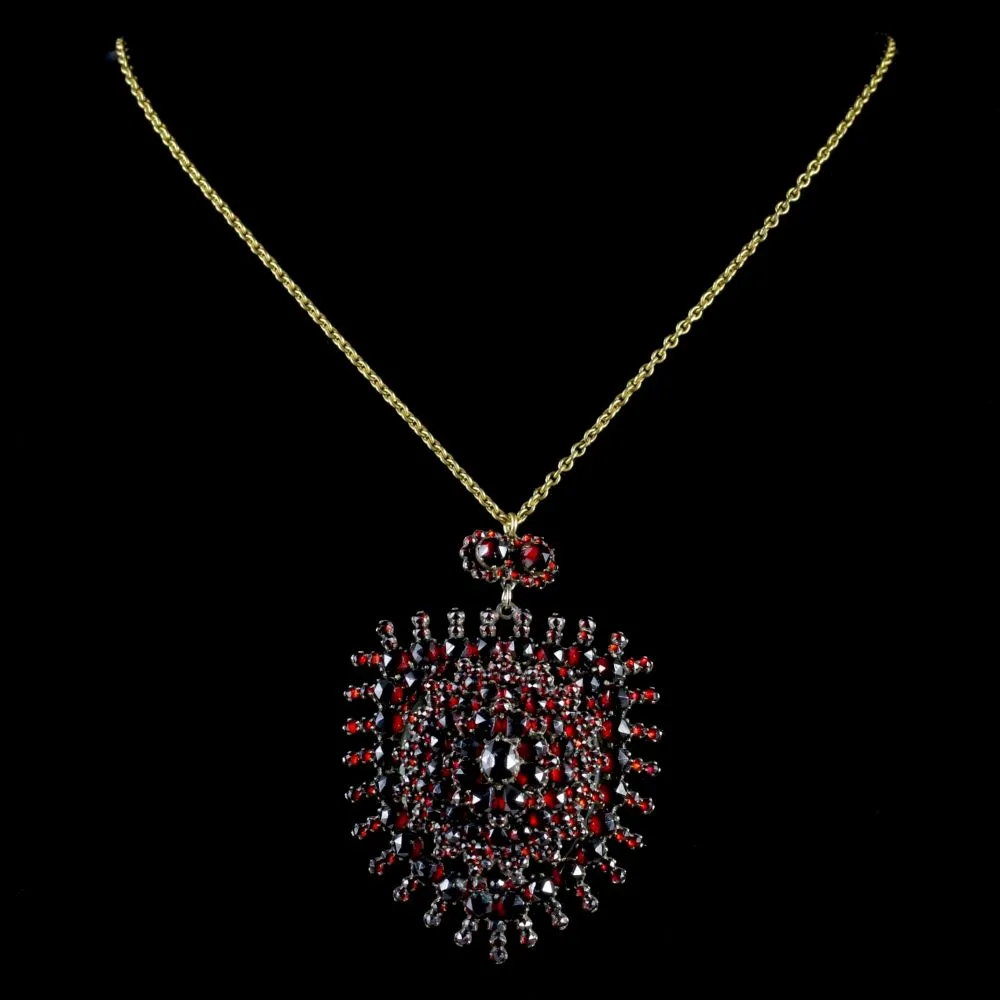 Antique Victorian Garnet Pendant Locket And Gold Chain Circa 1890