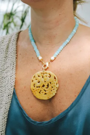 Aquamarine Stones & Golden Chinese Medallion Necklace