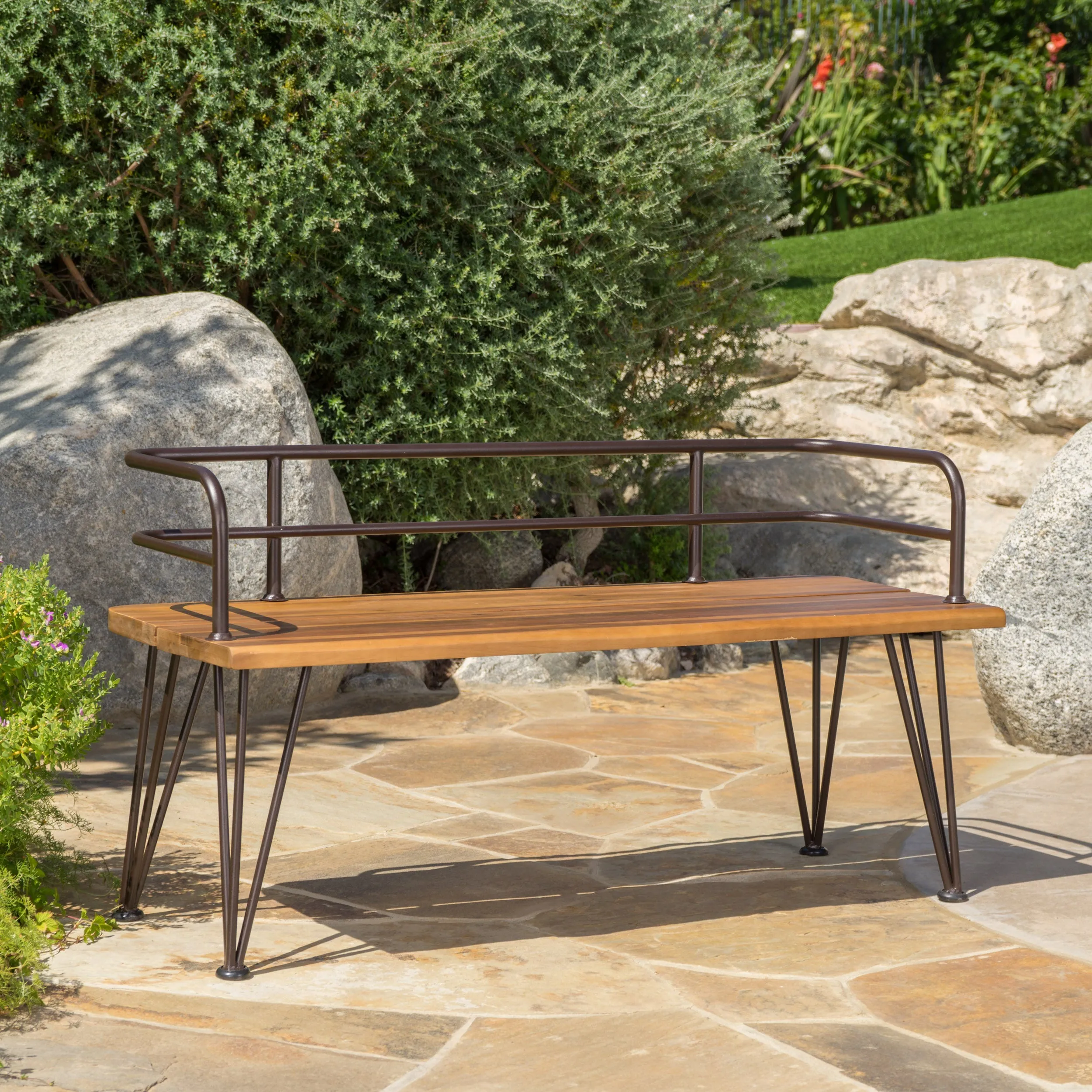 Avy Outdoor Rustic Industrial Acacia Wood Bench with Metal Hairpin Legs, Teak