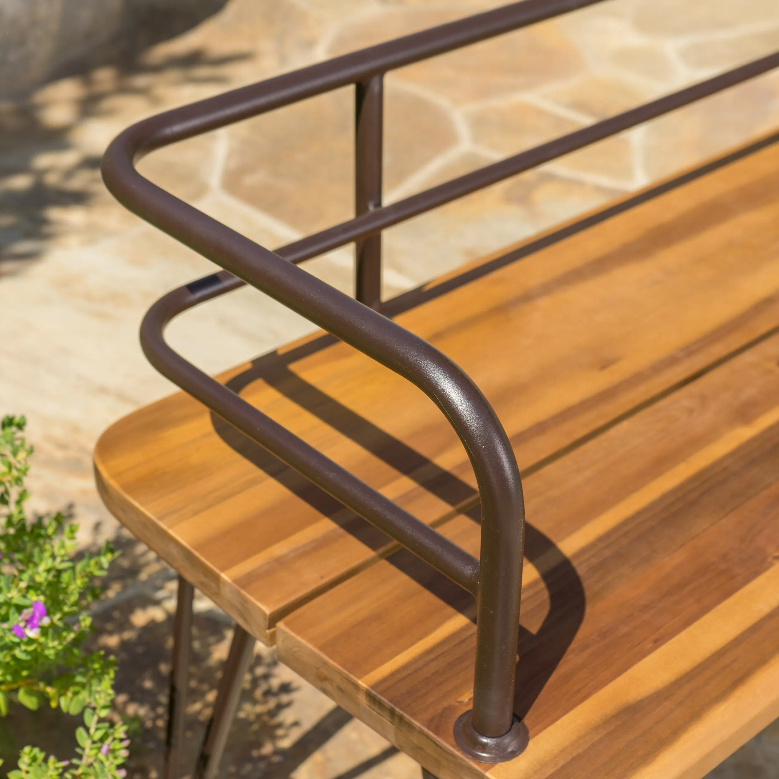 Avy Outdoor Rustic Industrial Acacia Wood Bench with Metal Hairpin Legs, Teak