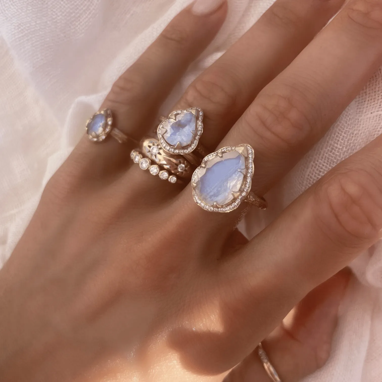 Baby Queen Water Drop Moonstone Ring with Full Pavé Diamond Halo | Ready to Ship