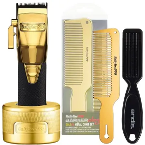 BaByliss PRO GoldFX Boost  Gold Adjustable Blade Cordless Clipper FX870GBP   Charging Base   Comb Set