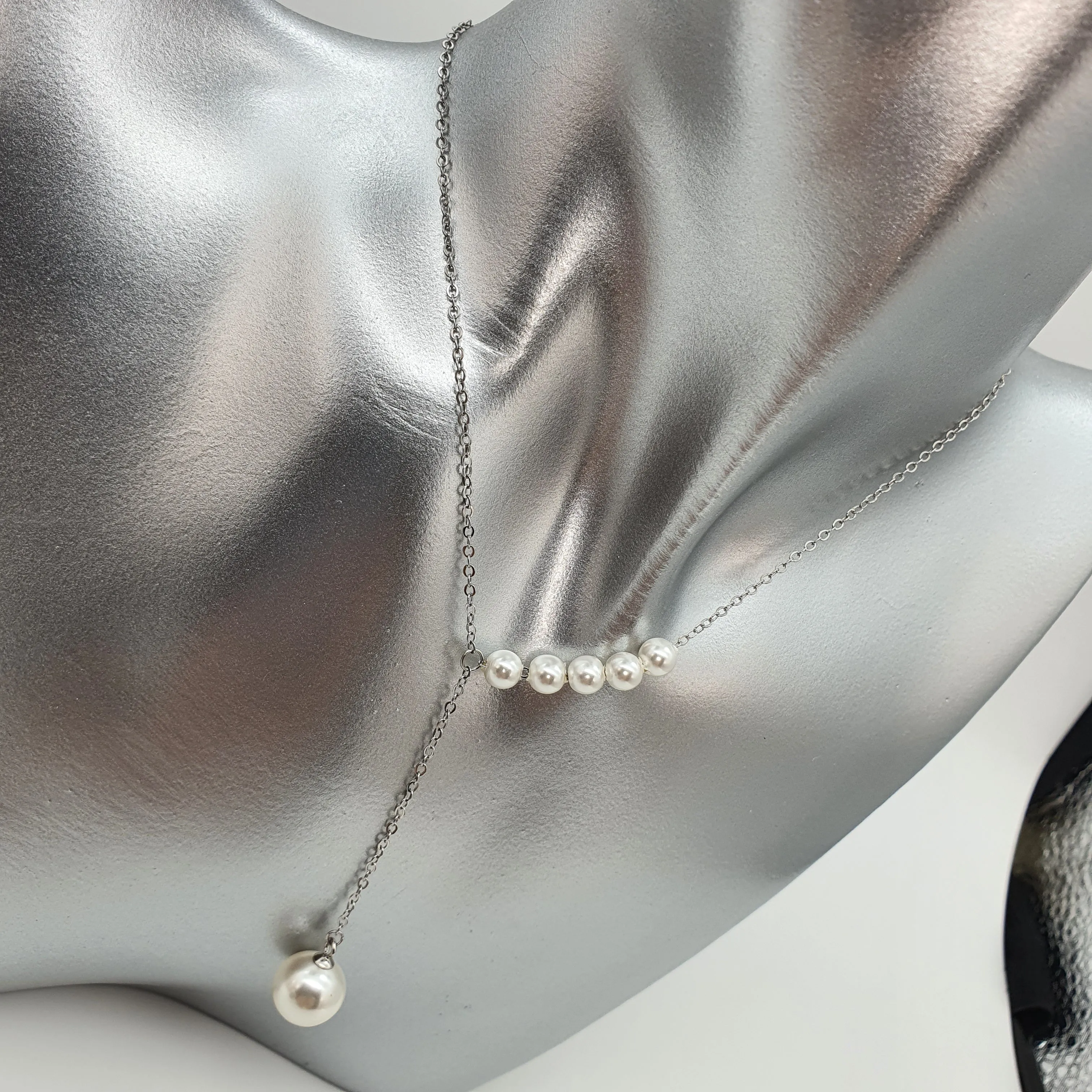 Bead Pearl Necklace, Sterling Silver