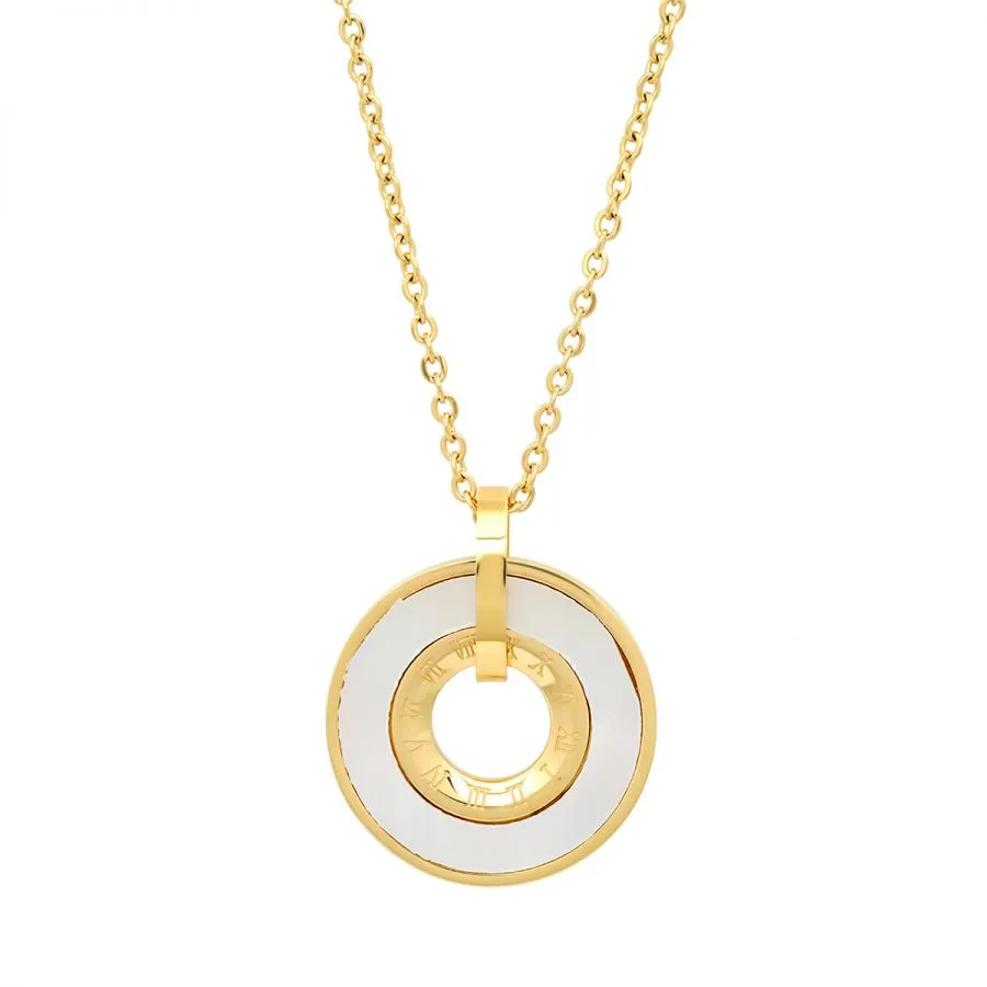 Beautiful Circle With Mother Of Pearl & Roman Numerals Design Gold Tone Steel Necklace