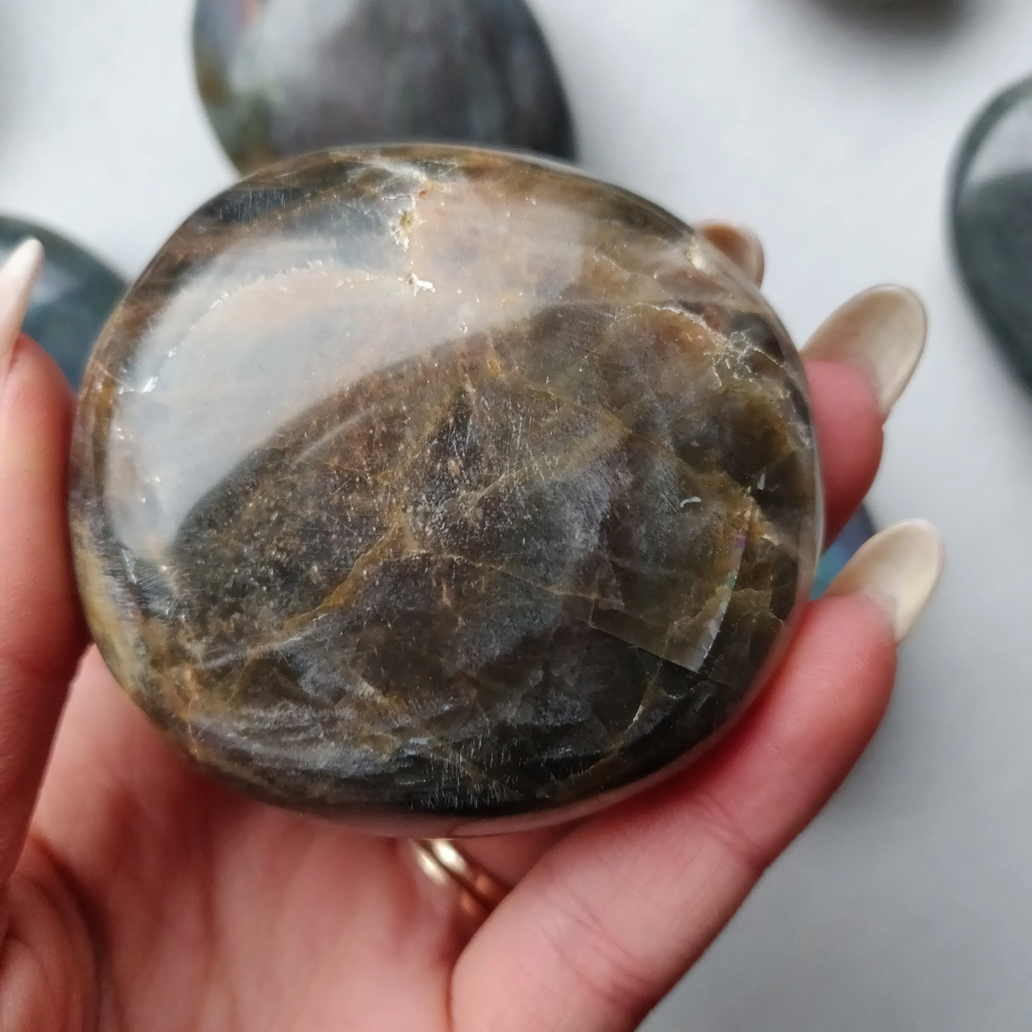 Black Moonstone Palm Stone, Flashy Black Moonstone (#6)