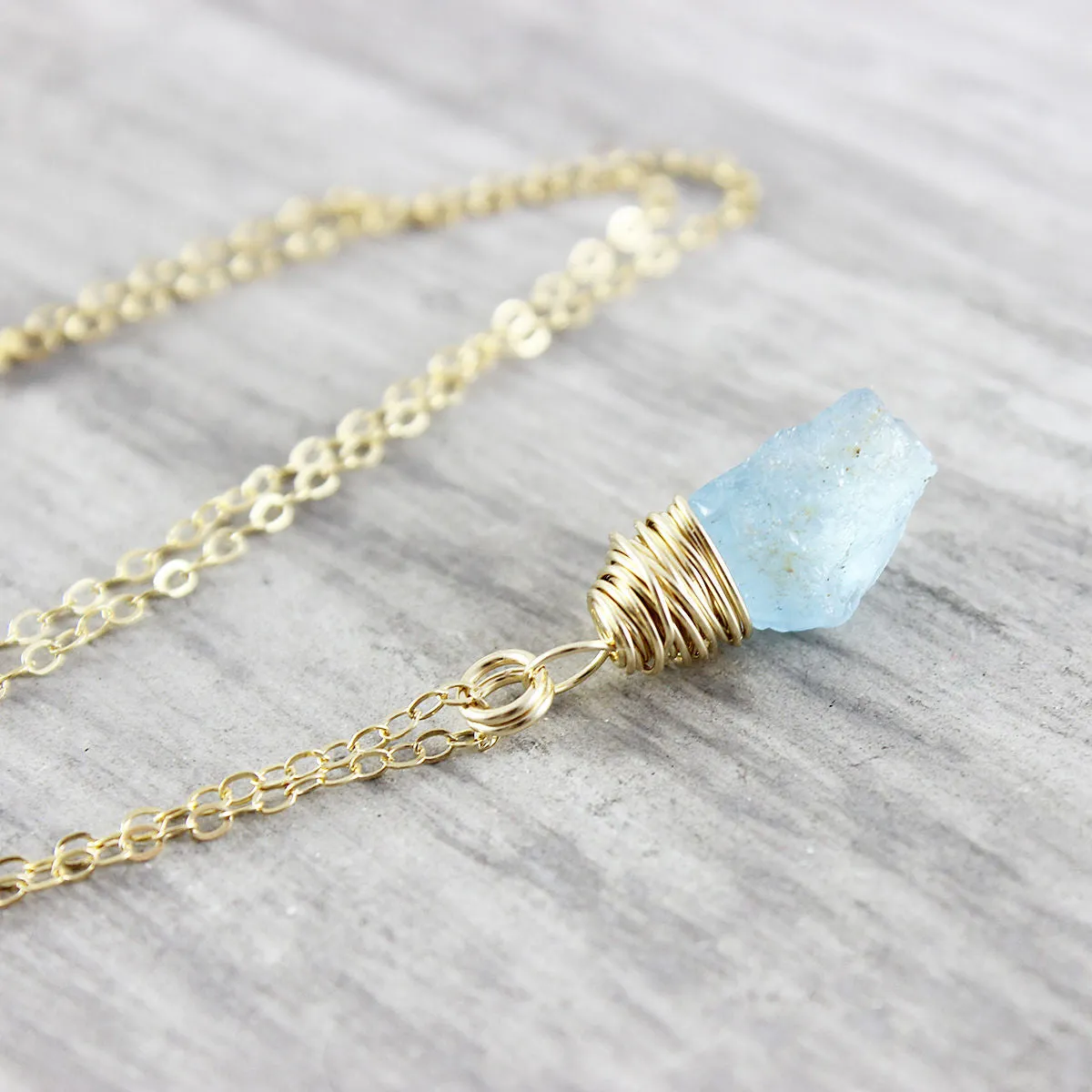 Blue Aquamarine Gemstone Gold Filled Raw Stone Necklace