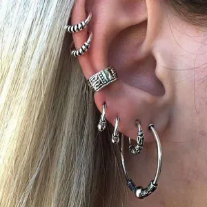 Bohemian Retro Style Silver Ear Clip Stud Hoop Earring Set