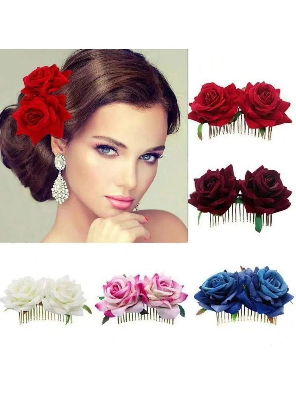 Bridal Hair Comb With Velvety Fabric Roses Hairpin Headpiece, Double Rose Hair Comb For Updo