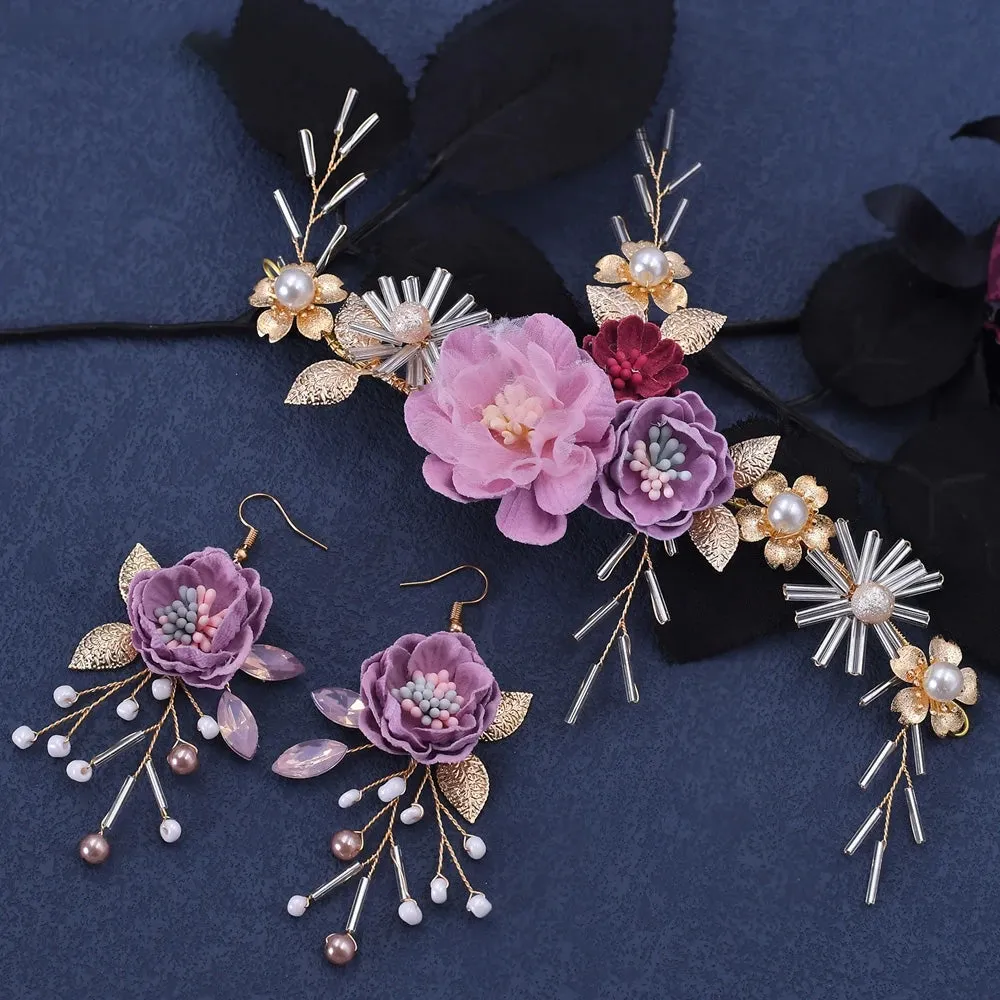 Bridal Headpiece Artificial Flower Headwear Earring Handmade Wedding Hair Jewellery