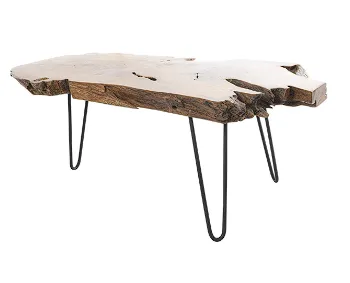 BROWN TEAK WOOD HANDMADE LIVE EDGE COFFEE TABLE WITH BLACK METAL HAIRPIN LEGS, 43" X 24" X 17"