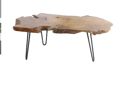 BROWN TEAK WOOD HANDMADE LIVE EDGE COFFEE TABLE WITH BLACK METAL HAIRPIN LEGS, 43" X 24" X 17"