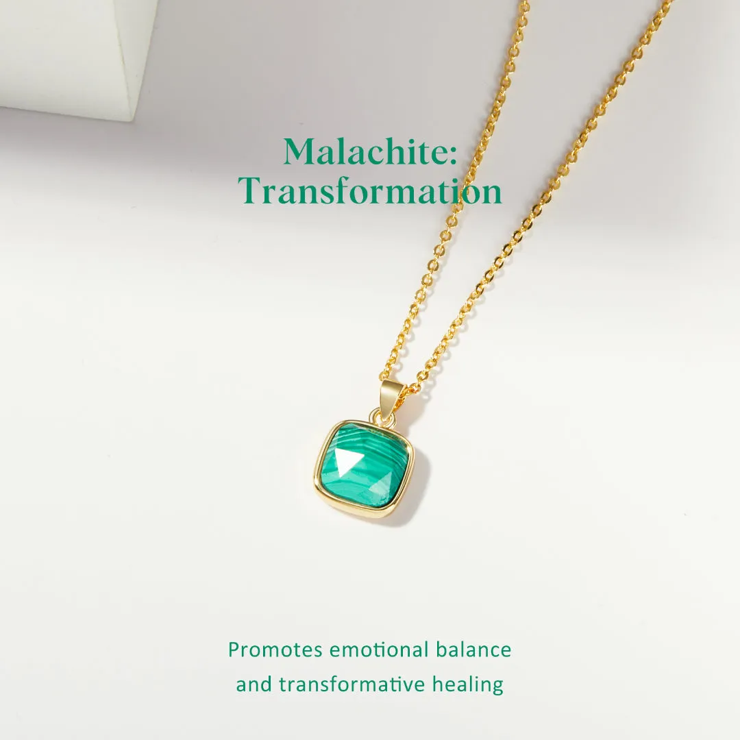 Bubble Letter 14K Gold Plated Healing Crystal Necklace Natural Energy Stone Pendant Necklace - Malachite